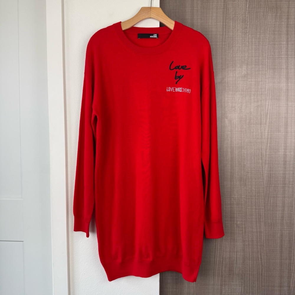 Love Moschino Red Wool Sweater Dress Diamante Logo